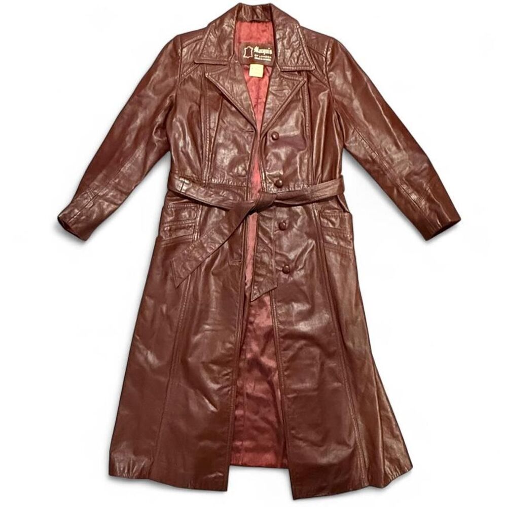 Vintage 70s Marquis of London Brown Leather Trench Coat Size 10